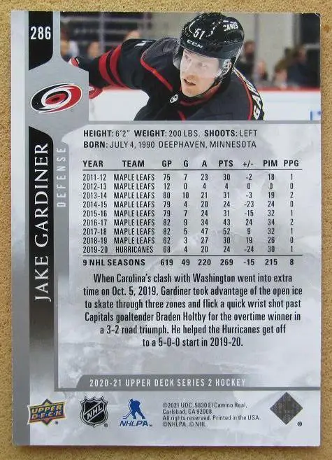 НХЛ Джейк Гардинер Каролина Харрикейнз № 286 1