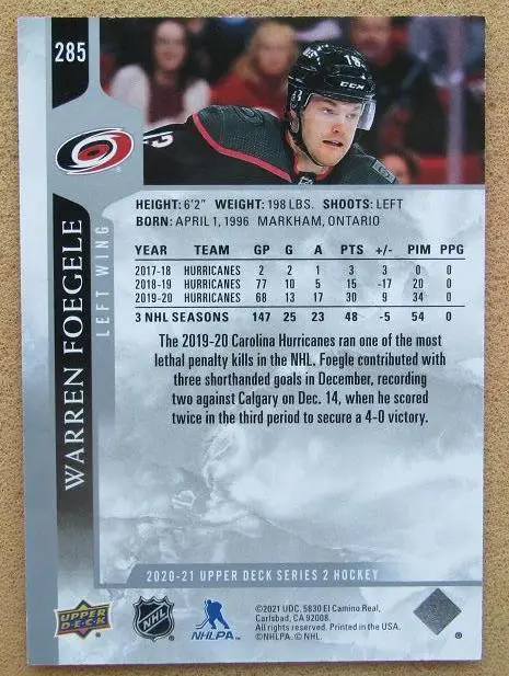 НХЛ Уоррен Фогеле Каролина Харрикейнз № 285 1
