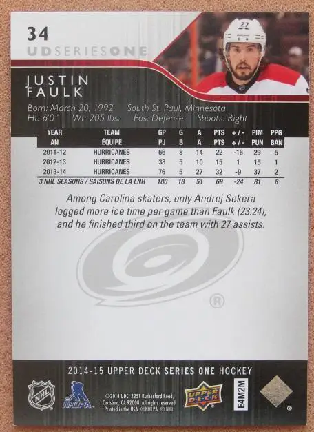 НХЛ Джастин Фолк Каролина Харрикейнз № 34 1