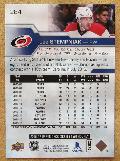 НХЛ Ли Стемпняк Каролина Харрикейнз № 284 1