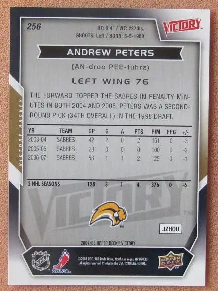 НХЛ Эндрю Петерс Баффало Сейбрз № 256 1