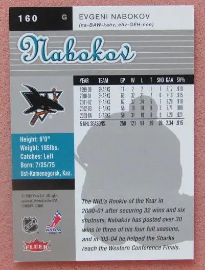 НХЛ Евгений Набоков Сан-Хосе Шаркс Динамо Москва Магнитогорск Санкт-Петер № 160 1