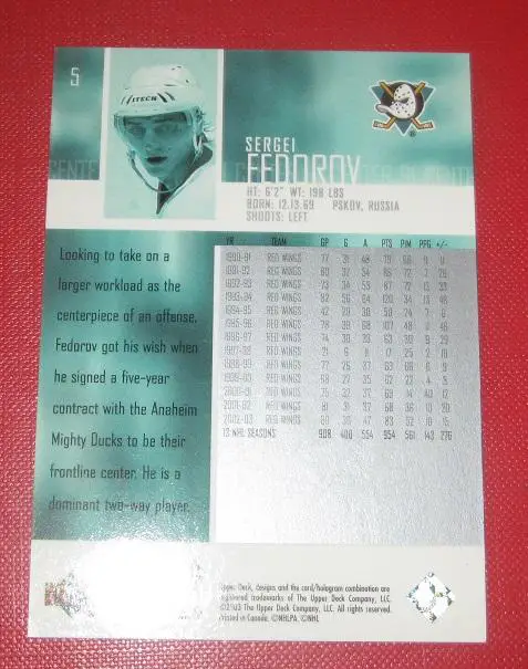 НХЛ Сергей Федоров Анахайм Майти Дакс Динамо Минск ЦСКА Москва Магнитогорск № 5 1