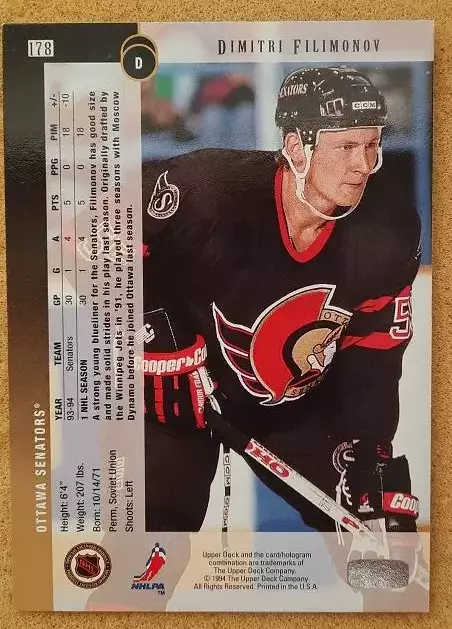 НХЛ Дмитрий Филимонов Оттава Сенаторз Динамо Москва Пермь Череповец № 178 1