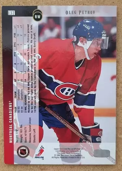 НХЛ Олег Петров Монреаль Канадиенс ЦСКА Спартак Локо Москва Казань Атлант № 137 1