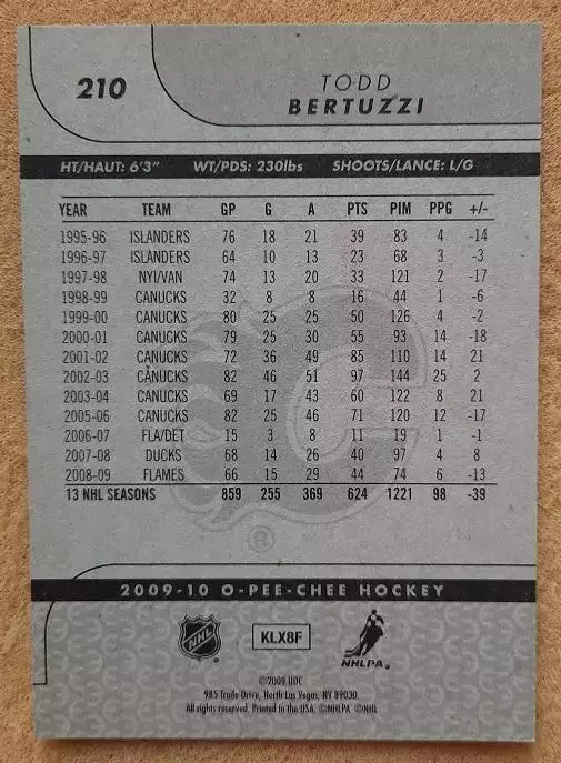 НХЛ Тодд Бертуцци Калгари Флэймз № 210 1