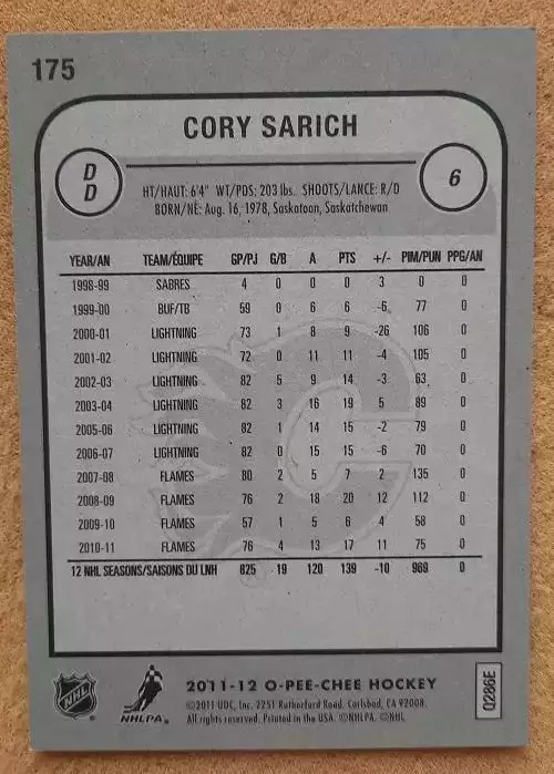 НХЛ Кори Сарич Калгари Флэймз № 175 1