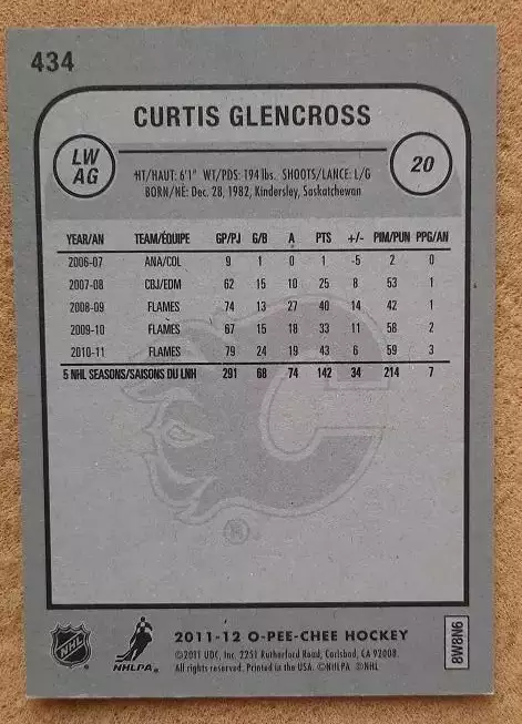 НХЛ Кертис Гленкросс Калгари Флэймз № 434 1