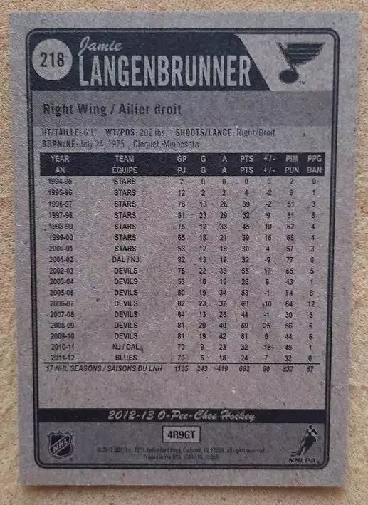 НХЛ Джейми Лангенбруннер Сент Луис Блюз № 218 1