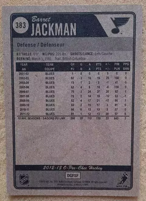 НХЛ Баррет Джекман Сент-Луис Блюз № 383 1