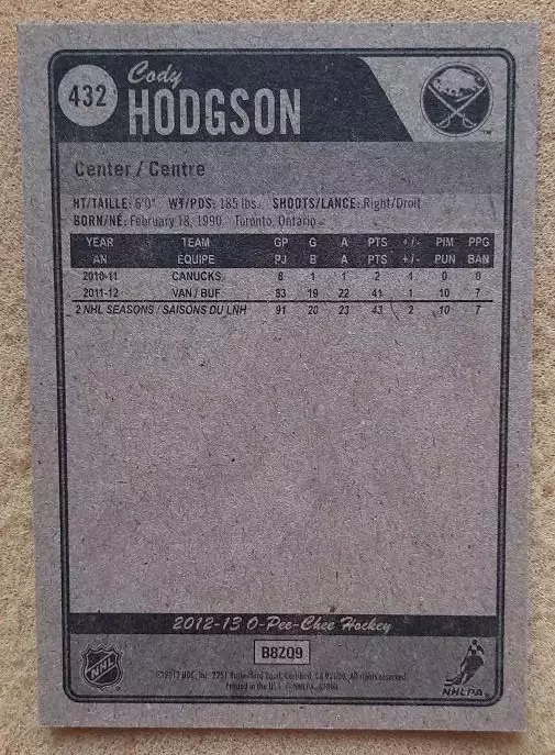 НХЛ Коди Ходжсон Баффало Сейбрз № 432 1