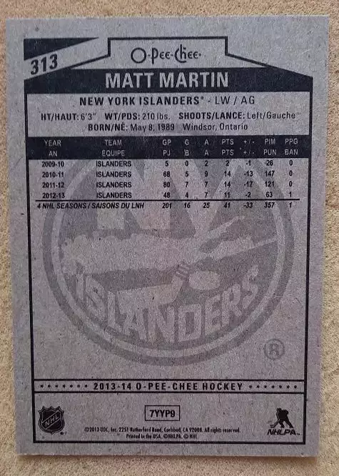 НХЛ Мэтт Мартин Нью-Йорк Айлендерс № 313 1