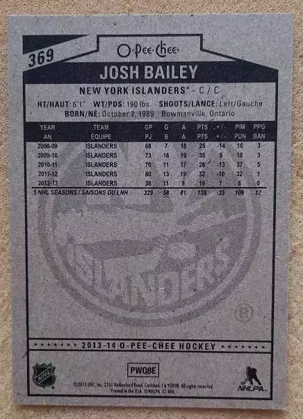 НХЛ Джош Бэйли Нью-Йорк Айлендерс № 369 1