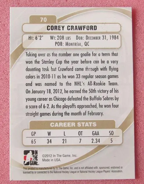 НХЛ Кори Кроуфорд Чикаго Блэкхокс № 70 1