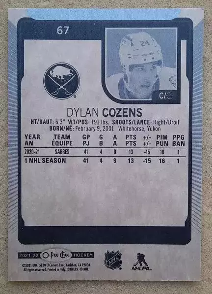 НХЛ Дилан Козенс Баффало Сейбрз № 67 1