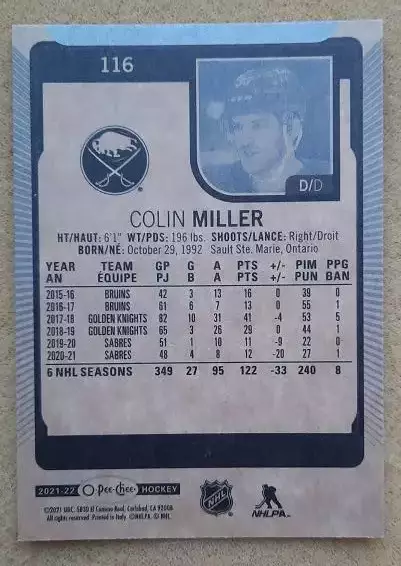 НХЛ Колин Миллер Баффало Сейбрз № 116 1