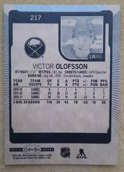 НХЛ Виктор Олофссон Баффало Сейбрз № 217 1