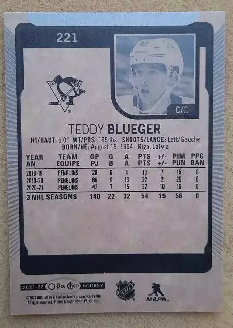НХЛ Тедди Блюгер Питтсбург Пингвинз № 221 1