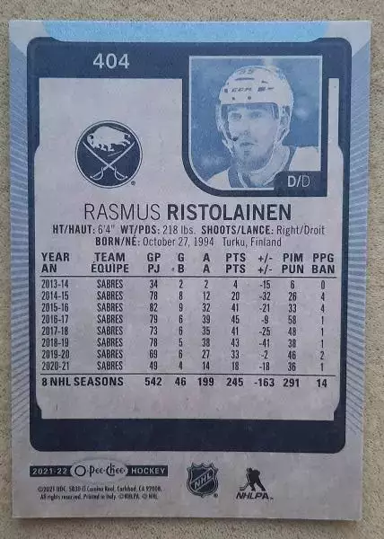 НХЛ Расмус Ристолайнен Баффало Сейбрз № 404 1