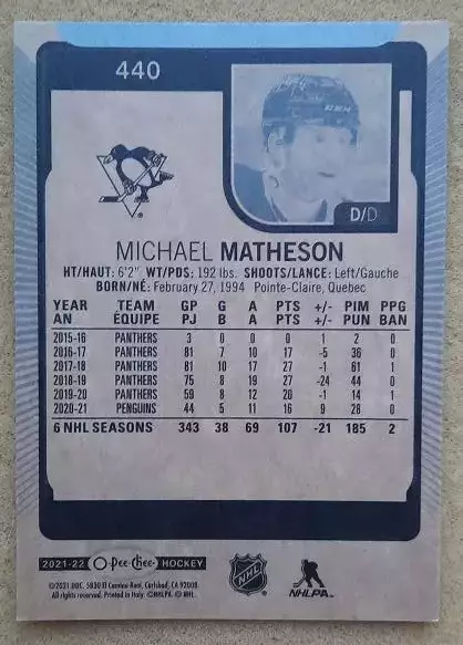 НХЛ Майкл Мэтсон Питтсбург Пингвинз № 440 1