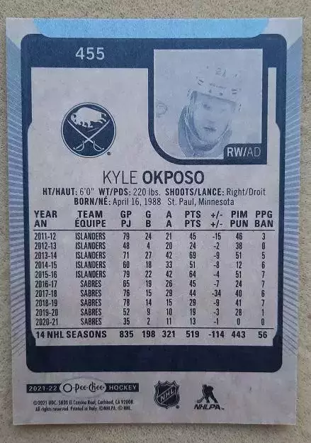 НХЛ Кайл Окпосо Баффало Сейбрз № 455 1