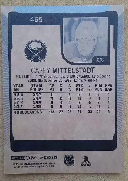 НХЛ Кейси Миттельштадт Баффало Сейбрз № 465 1