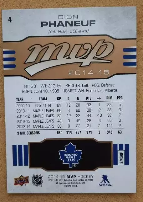 НХЛ Дион Фанеф Торонто Мэйпл Лифс № 4 1