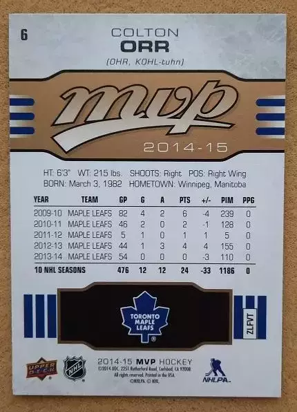 НХЛ Колтон Орр Торонто Мэйпл Лифс № 6 1