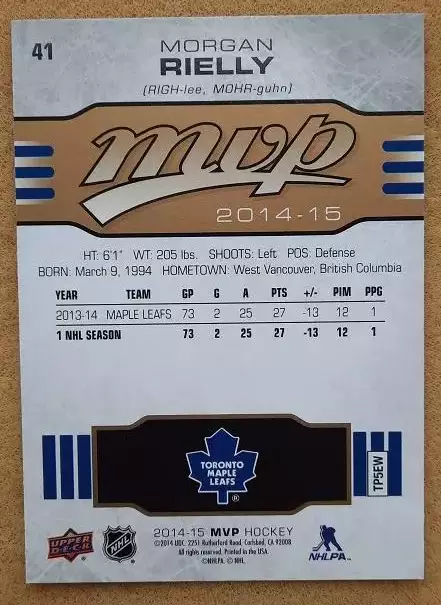 НХЛ Морган Райлли Торонто Мэйпл Лифс № 41 1