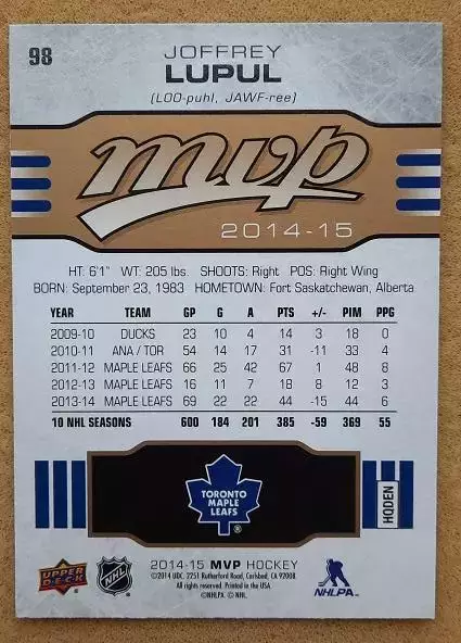 НХЛ Джоффри Лупул Торонто Мэйпл Лифс Екатеринбург № 98 1