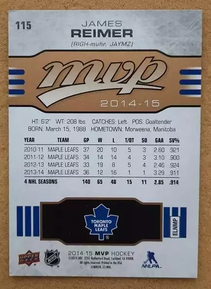 НХЛ Джеймс Раймер Торонто Мэйпл Лифс № 115 1