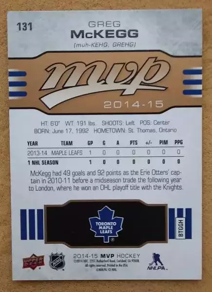 НХЛ Грег Маккегг Торонто Мэйпл Лифс Шанхай Дрэгонс № 131 1