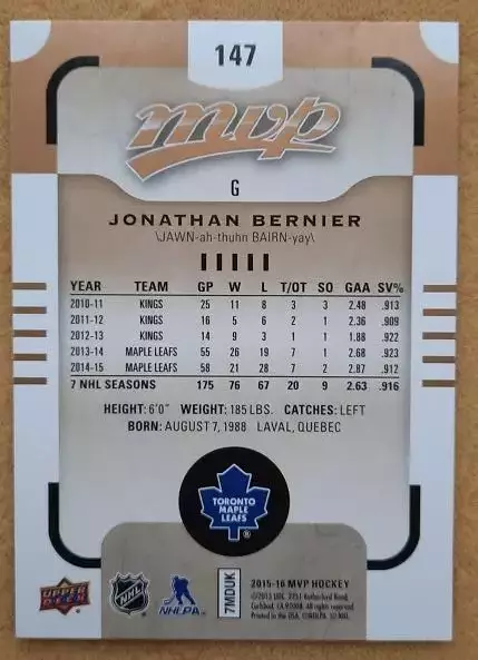 НХЛ Джонатан Бернье Торонто Мэйпл Лифс № 147 1