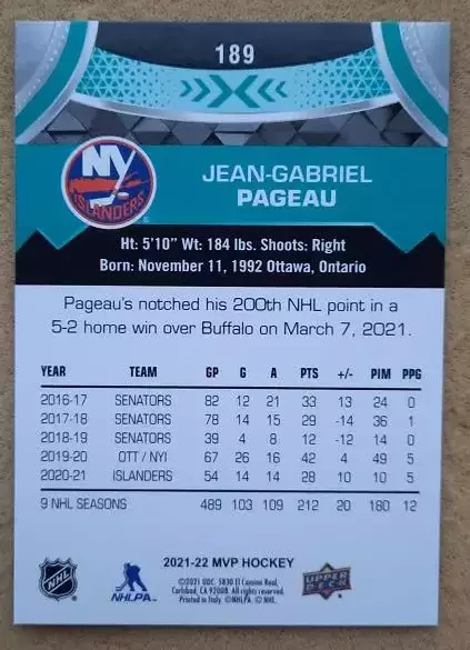 НХЛ Жан-Габриэль Пажо Нью-Йорк Айлендерс № 189 1