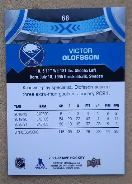 НХЛ Виктор Олофссон Баффало Сейбрз № 68 блю 1