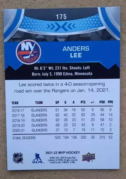 НХЛ Андерс Ли Нью-Йорк Айлендерс № 175 блю 1