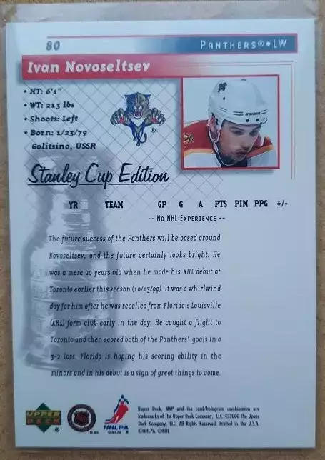 НХЛ Иван Новосельцев Флорида Пантерз Крылья Советов Тольятти Спартак Амур № 80 1