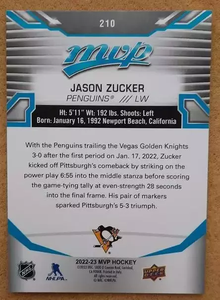 НХЛ Джейсон Цукер Питтсбург Пингвинз № 210 1