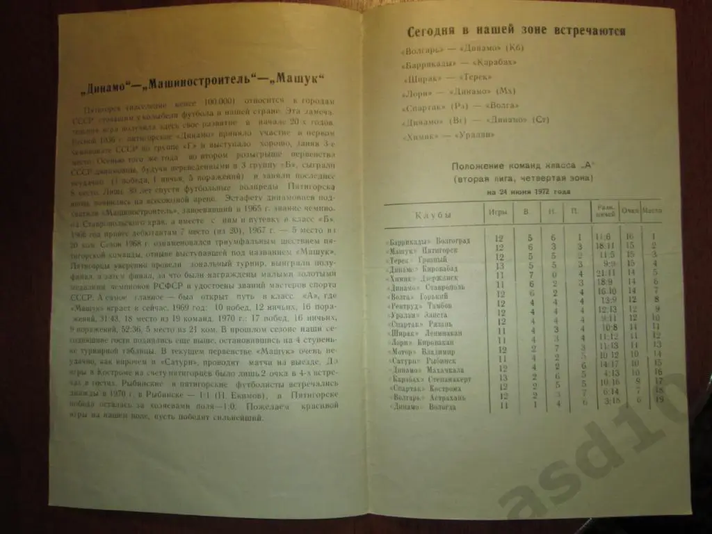 ФУТБОЛ. ПРОГРАММА. САТУРН (Рыбинск)-МАШУК (Пятигорск) 24 июня 1972 г. 1