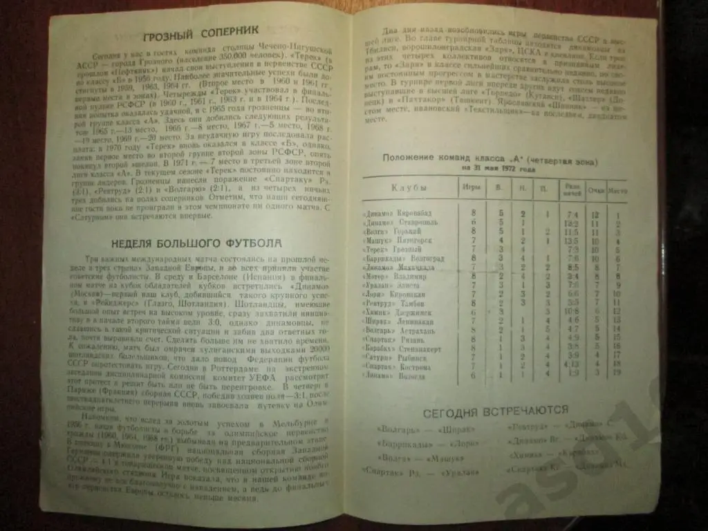 ФУТБОЛ. ПРОГРАММА. САТУРН (Рыбинск)-ТЕРЕК (Грозный) 31 мая 1972 г. 1