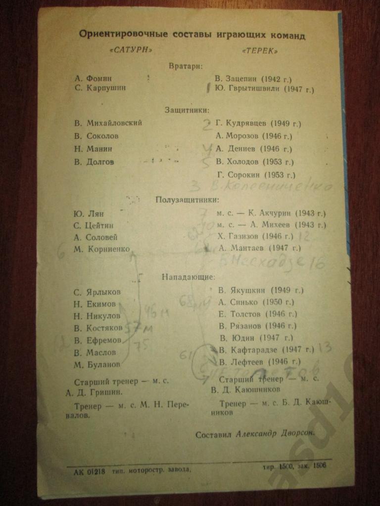 ФУТБОЛ. ПРОГРАММА. САТУРН (Рыбинск)-ТЕРЕК (Грозный) 31 мая 1972 г. 2