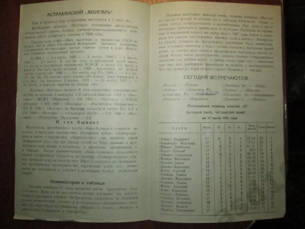 ФУТБОЛ. ПРОГРАММА. САТУРН (Рыбинск)-ВОЛГАРЬ (Астрахань) 22 июля 1972 г. 1