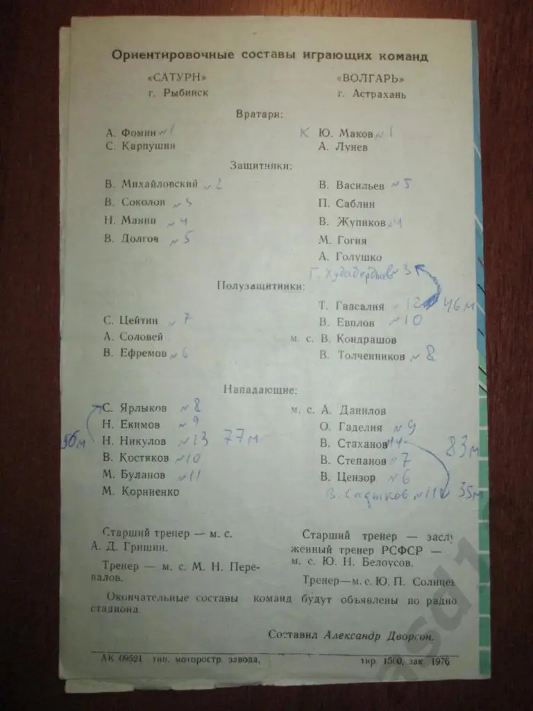ФУТБОЛ. ПРОГРАММА. САТУРН (Рыбинск)-ВОЛГАРЬ (Астрахань) 22 июля 1972 г. 2