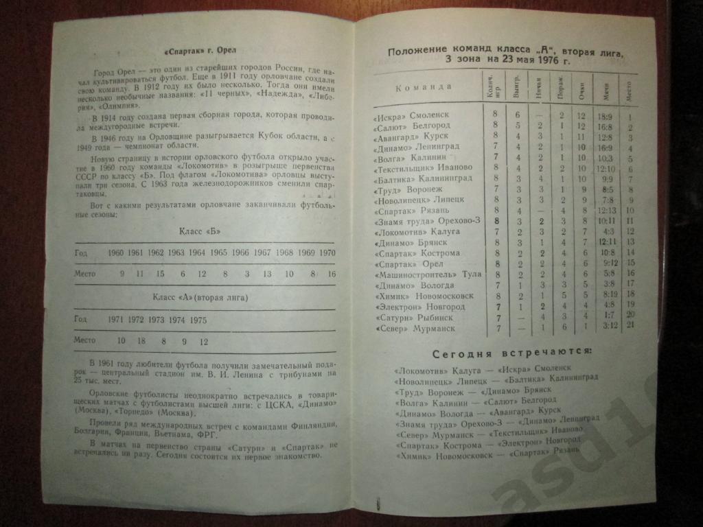 ФУТБОЛ. ПРОГРАММА. САТУРН (Рыбинск)-СПАРТАК (Орел) 28 мая 1976 г. 1