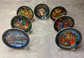 Коллекция 7 тарелок Палех (10см). Русские сказки