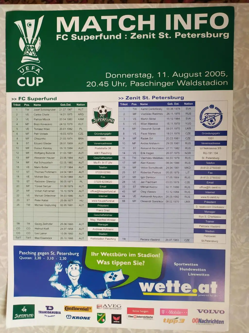 Суперфунд-Зенит Санкт Петербург 11.08.2005 кубок УЕФА