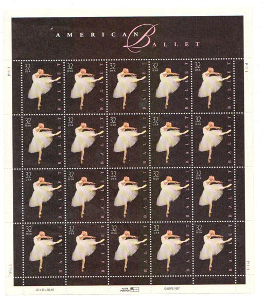 Лист из 20 почтовых марок по 32 цента США из серии Американский балет с кра