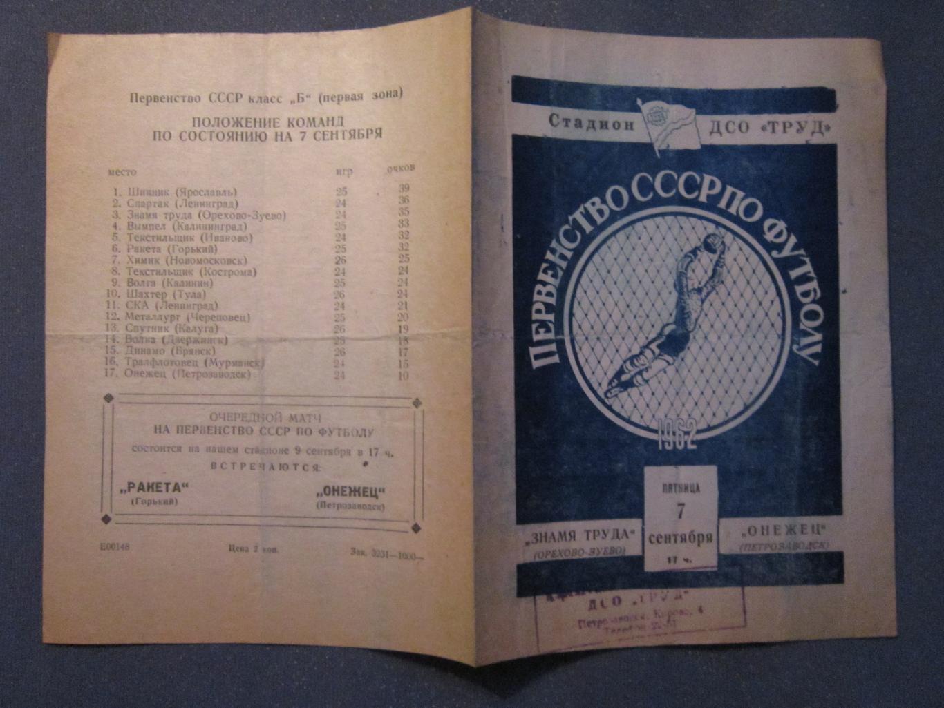 Онежец Петрозаводск-Знамя Труда Орехово-Зуево 1962 1