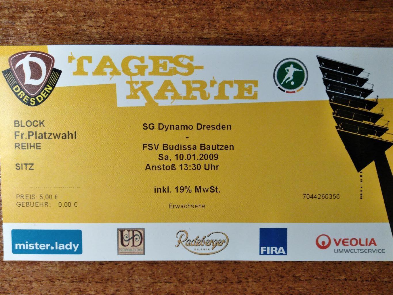 Билет на матч NOFV-Оберлиги Динамо(Дрезден)- Будисса(Баутзен) 10.01.2009г.