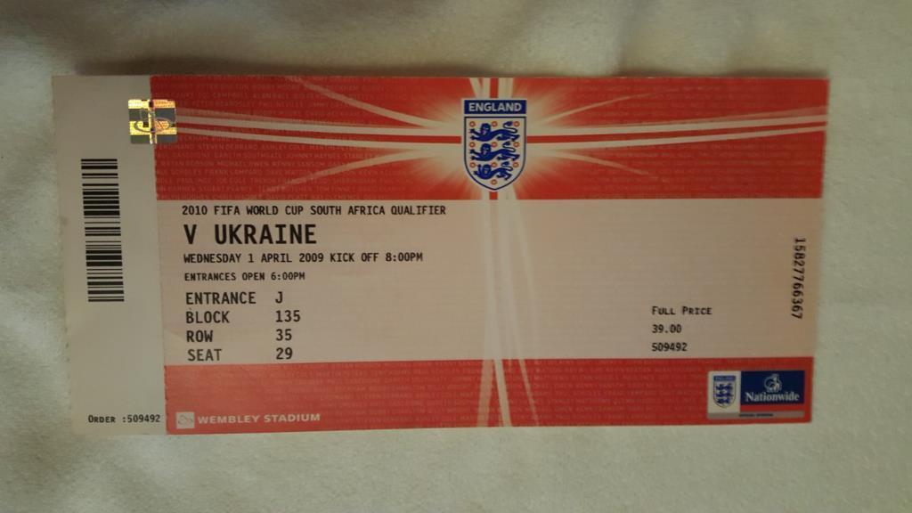Билет 01.04.2009 Англия - Украина.